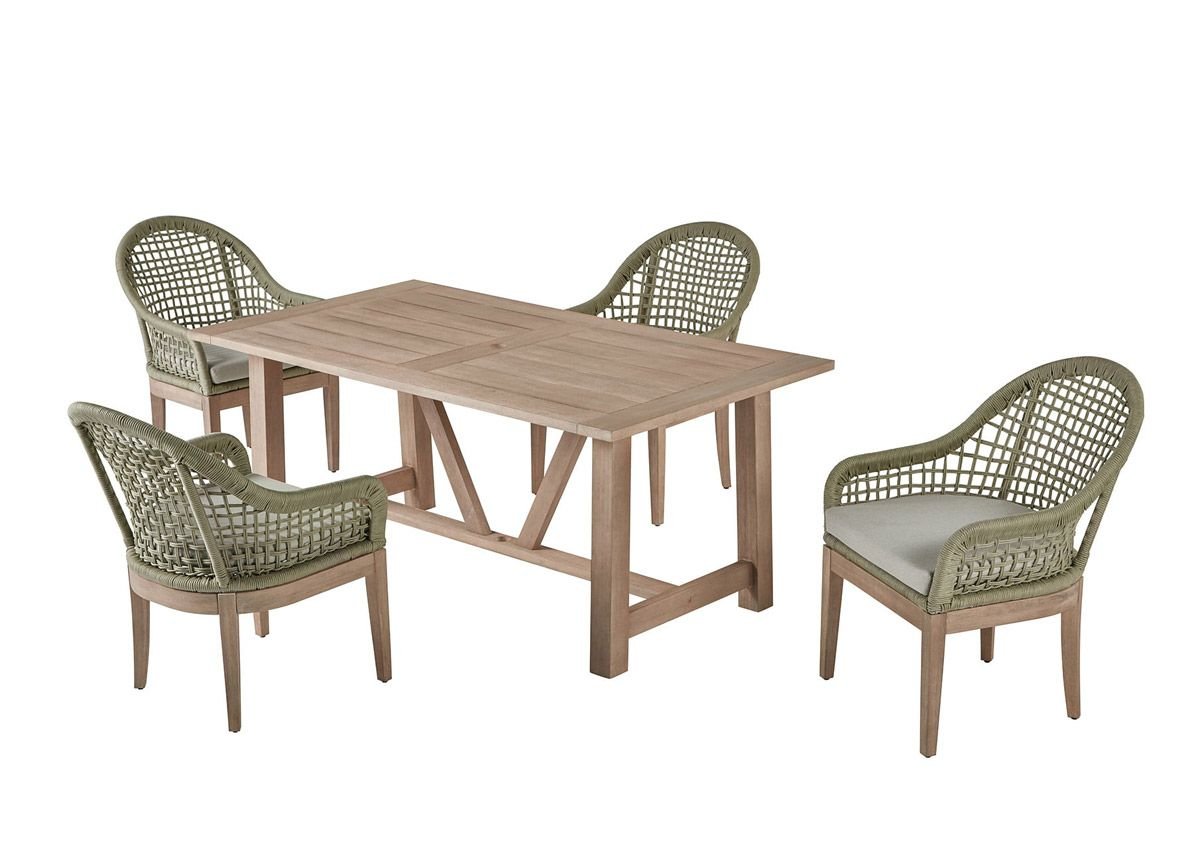 A wooden dining table with a rectangular top and four green woven chairs with cushioned seats arranged around it. ✨ Elegant Palma Light Oak Outdoor Dining Set 🌳 - Perfect for Al Fresco Dining! 🥂