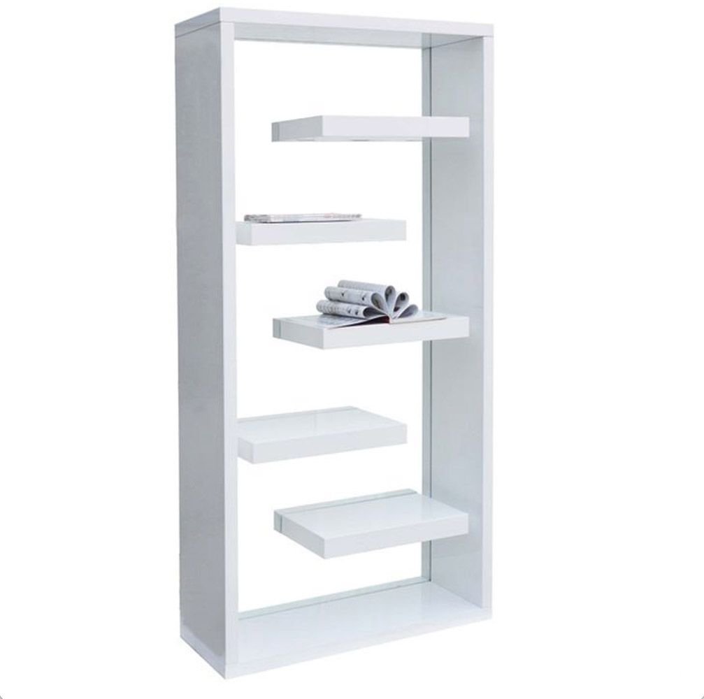 A white, modern, open-frame bookshelf with five staggered shelves, displaying a few rolled-up magazines and a book. Elevate Your Space with the Bristol Bookcase: Modern Floating Shelves & Sleek White Lacquer Finish