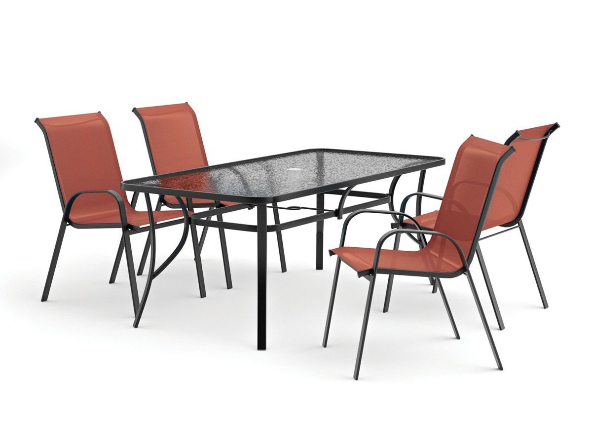 A black rectangular outdoor table with a glass top and four metal-framed chairs with orange fabric seats arranged around it. 🌟 Revamp Your Patio with the Orton 5-Piece Outdoor Table Set + Red Chairs! 🪑✨ Perfect for Entertaining!